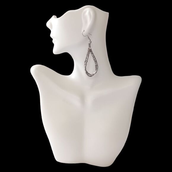 Seed Bead Silver Teardrop Earrings Silver Tone Summer Festival Dangle Sparkly. - Picture 3 of 14